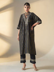 Elegant Black Cotton Lurex Kaftan with Pants
