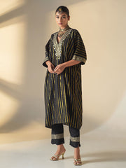 Elegant Black Cotton Lurex Kaftan with Pants