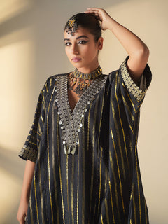 Elegant Black Cotton Lurex Kaftan with Pants