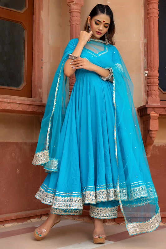 Kalamkari Blue Pure Cotton Anarkali Set