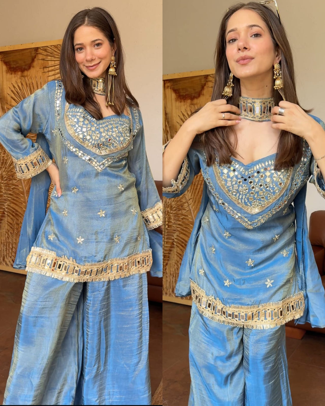 Steel Blue Tissue 4-Piece Bustier Set with Mirror Work & Choker Dupatta