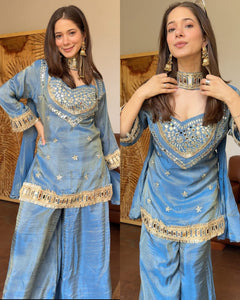 Steel Blue Tissue 4-Piece Bustier Set with Mirror Work & Choker Dupatta