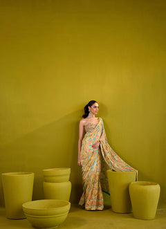 Yellow Crepe Saree With Gold Strapless Blouse