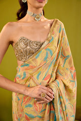 Yellow Crepe Saree With Gold Strapless Blouse