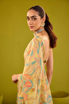 Yellow Crepe Saree With Gold Strapless Blouse