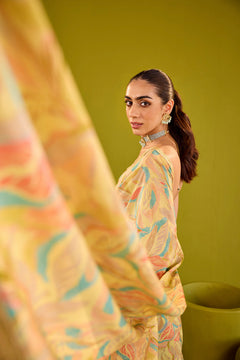 Yellow Crepe Saree With Gold Strapless Blouse