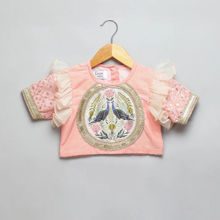 Peach Peacock Printed Chanderi Lehenga Set