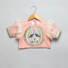 Peach Peacock Printed Chanderi Lehenga Set
