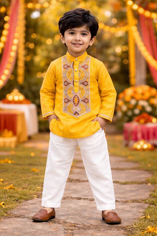Sunshine Yellow Embroidered Kurta Set for Boys