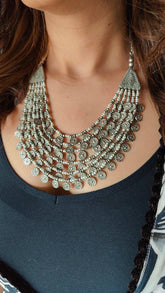 Layered White Bead Silver Oxidised Necklace