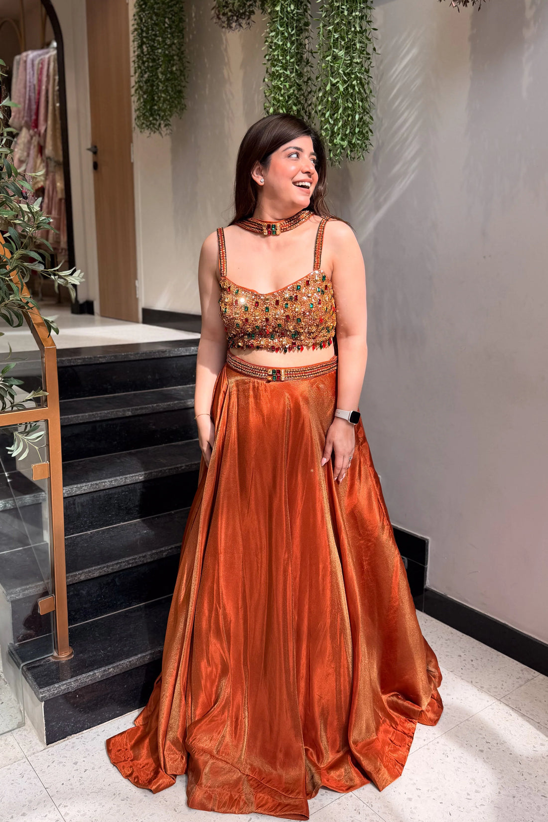 Rust Orange Embellished Lehenga Set with Statement Choker Blouse