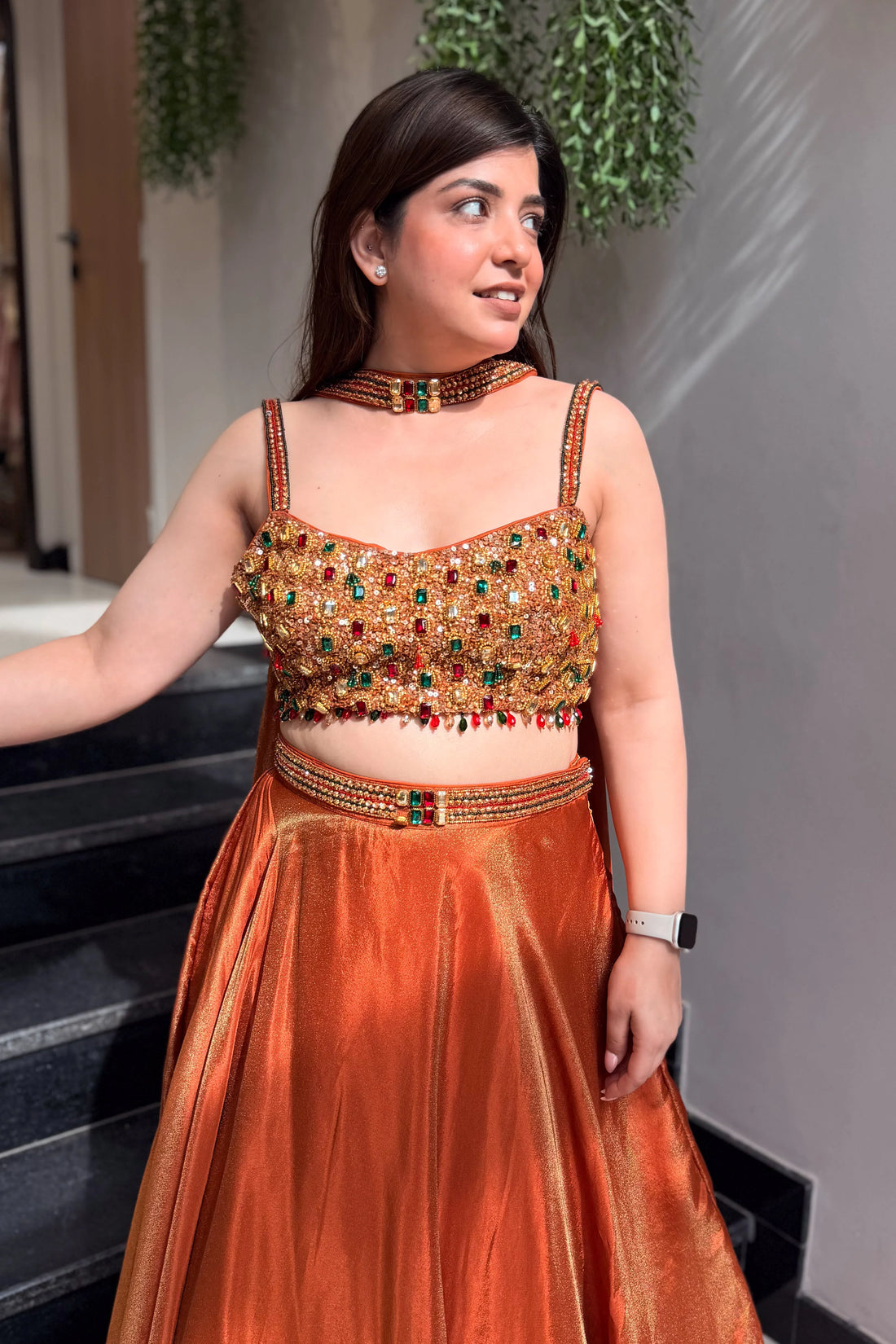 Rust Orange Embellished Lehenga Set with Statement Choker Blouse