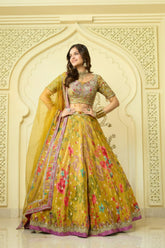 Shimmer Embroidered Lehenga Set with Mirror Work Blouse & Sheer Dupatta Set