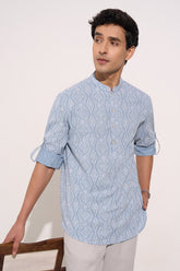 Light Blue Printed Kurta Shirt Men