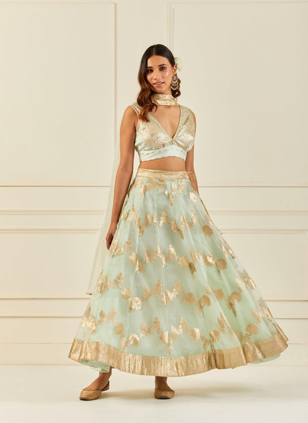Light Green Organza Banarasi Lehenga With Mukaish Dupatta
