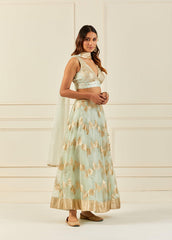 Light Green Organza Banarasi Lehenga With Mukaish Dupatta