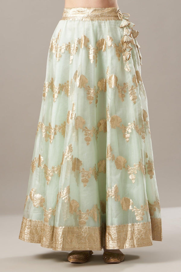 Light Green Organza Banarasi Lehenga With Mukaish Dupatta