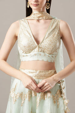 Light Green Organza Banarasi Lehenga With Mukaish Dupatta