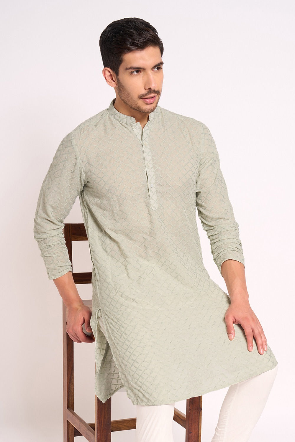 Light Olive Embroidered Above Knee Kurta Men