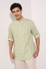 Light Olive Printed Kurta Shirt Men