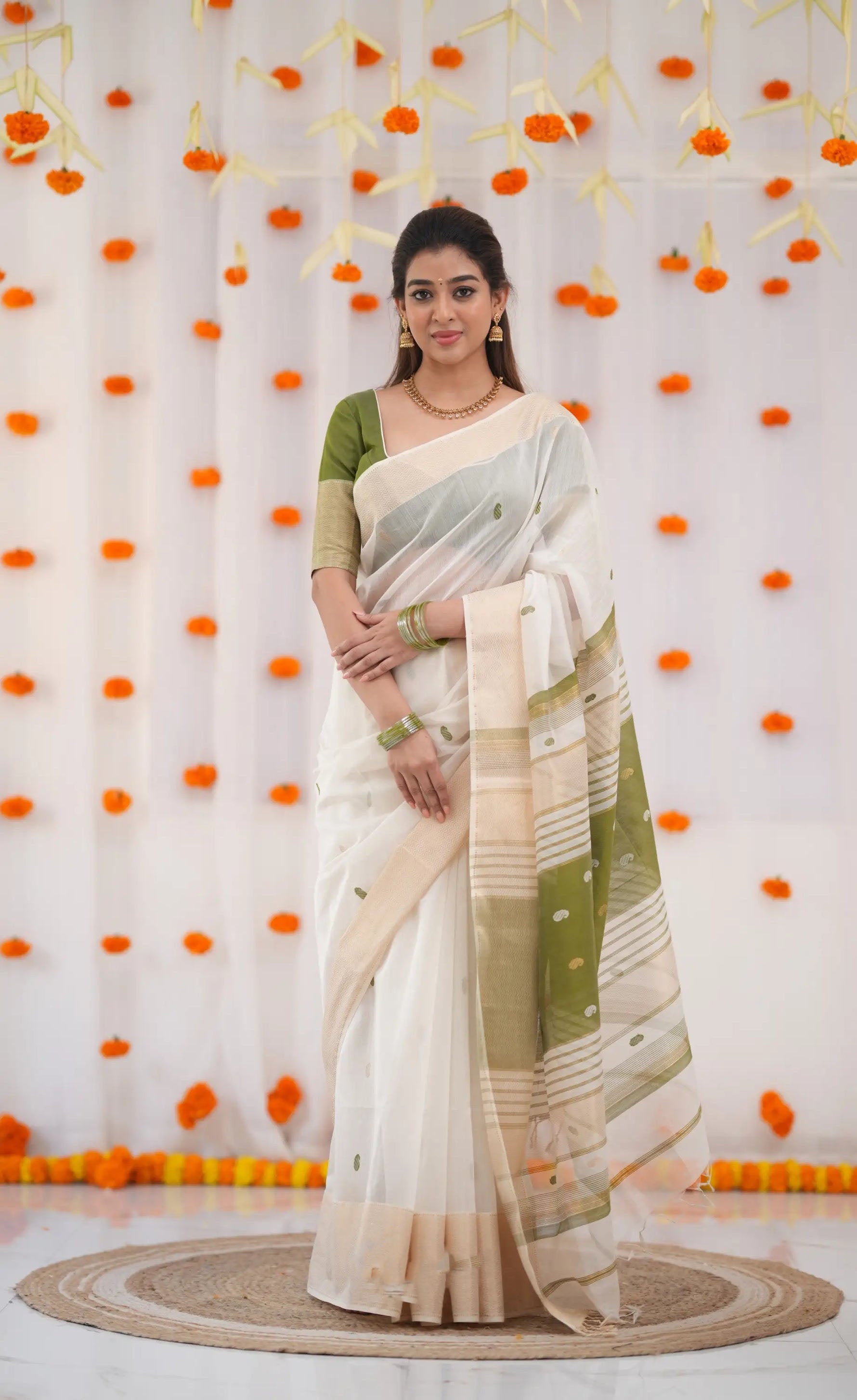 White & Olive Maanvi Maheswari Silk Cotton Saree