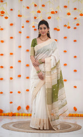 White & Olive Maanvi Maheswari Silk Cotton Saree
