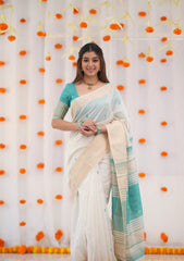 Maanvi White & Teal Blue Maheswari Cotton Saree