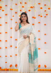 Teal blue silk cotton saree