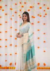White and teal saree with blouse