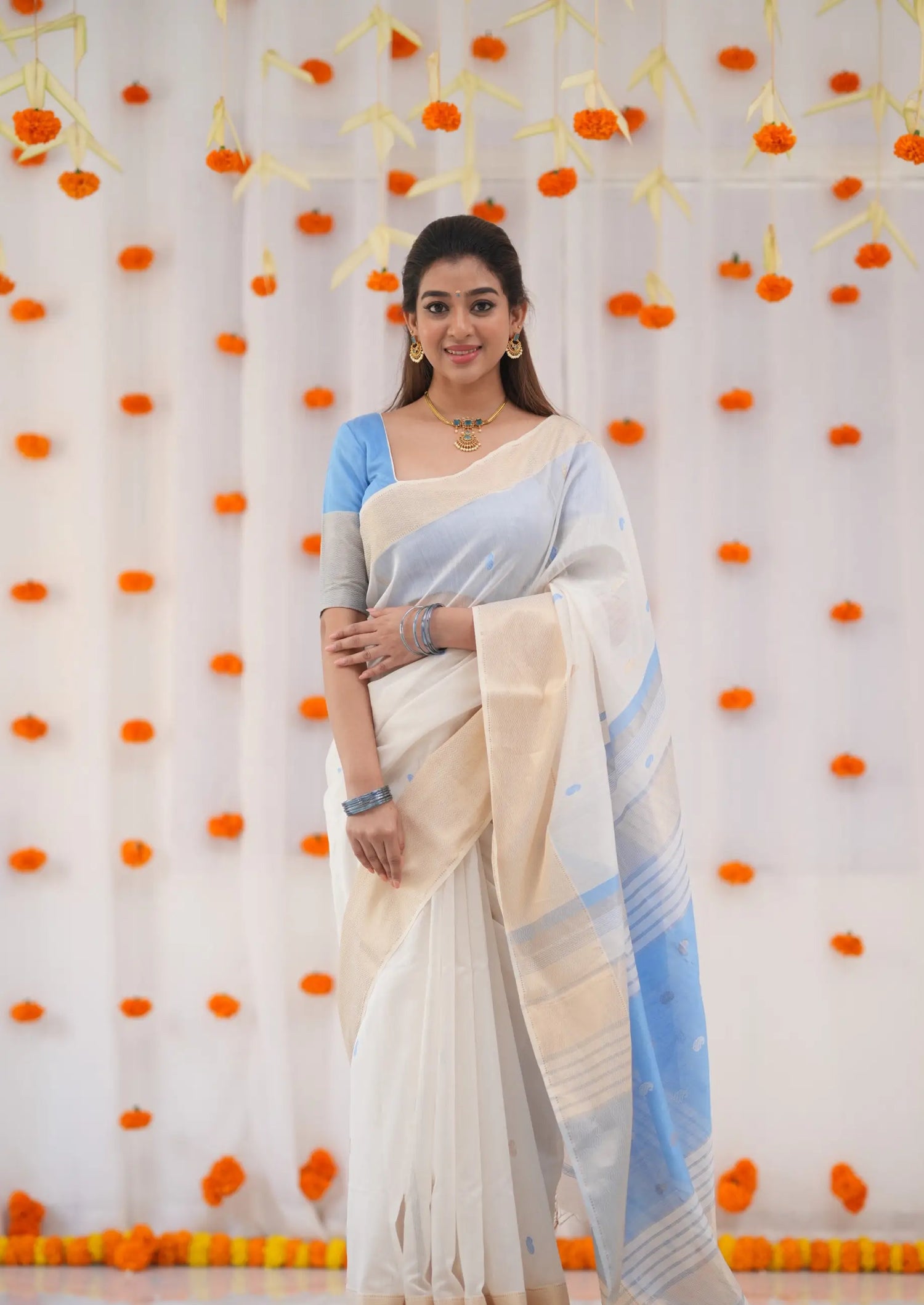 White Blue Maanvi Maheswari Silk Cotton Saree