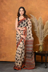 Mastaani Handblock Cotton White Saree