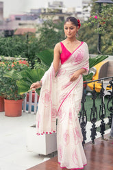 Mastaani Pink Rose Print Mul Cotton Saree for Women's