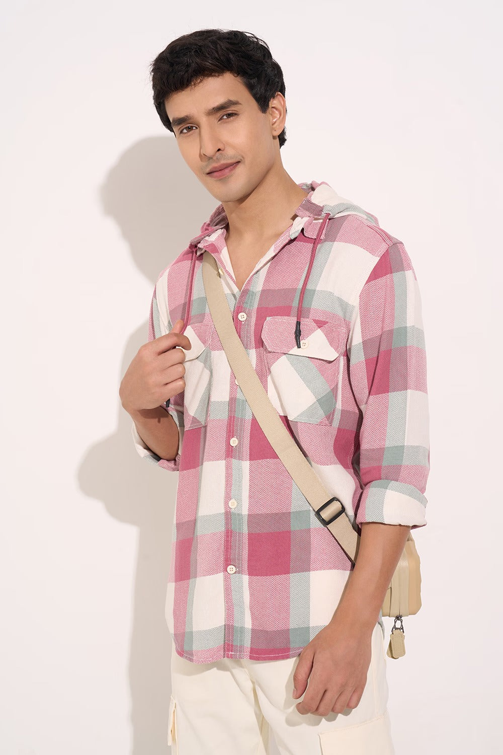 Mauve Checked Full-Sleeves Hooded Shirt for Men