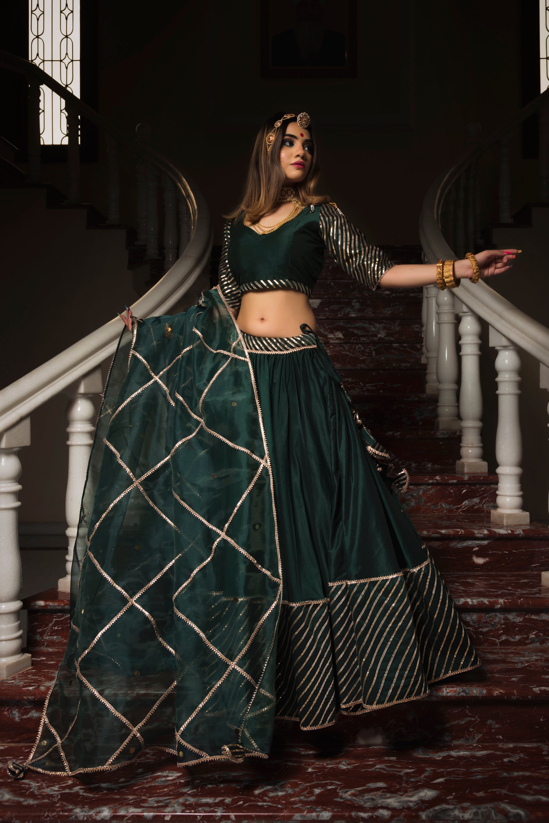 Green Lehenga Set With Organza Dupatta