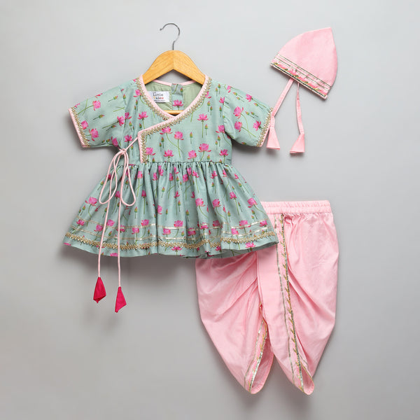 Mint Green Lotus Kurta Dhoti Set with Mukut