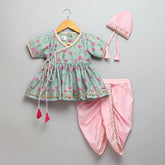 Mint Green Lotus Kurta Dhoti Set with Mukut