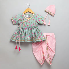 Mint Green Lotus Kurta Dhoti Set with Mukut