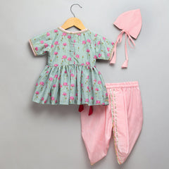 Mint Green Lotus Kurta Dhoti Set with Mukut