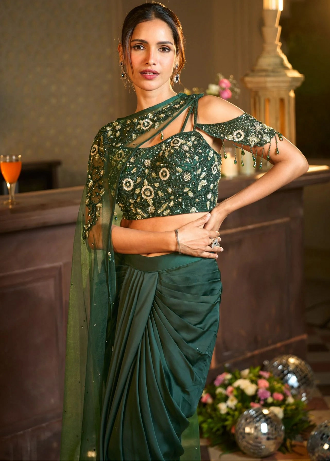 Gorgeous Looks Elegance Handcrafted Net Top with Drape Skirt Set