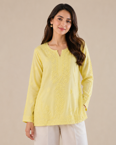 Lemon Yellow Modal Cotton Chikankari Short Kurta