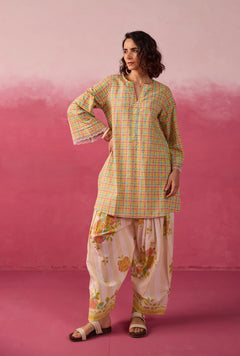 PINK CHECKS & FLORAL PRINTED FARSI SALWAR PRINTED CO-ORD SET
