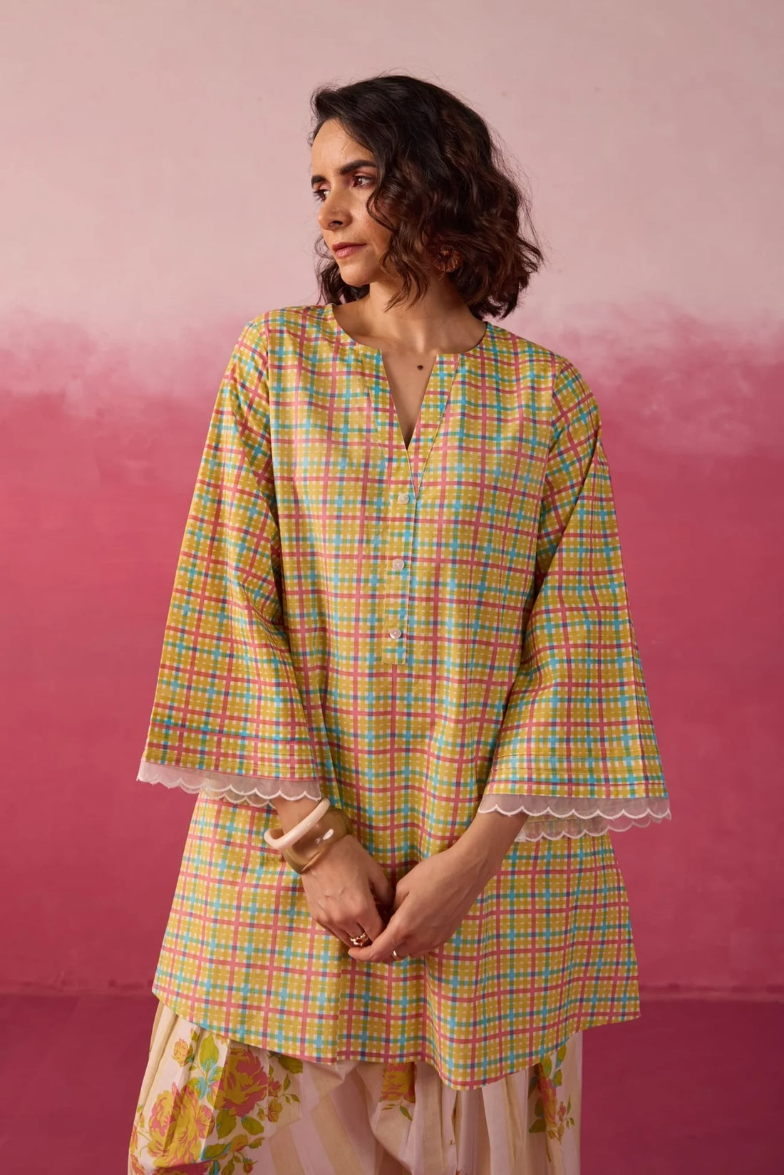PINK CHECKS & FLORAL PRINTED FARSI SALWAR PRINTED CO-ORD SET