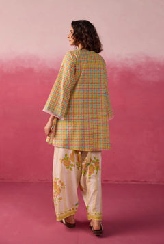 PINK CHECKS & FLORAL PRINTED FARSI SALWAR PRINTED CO-ORD SET