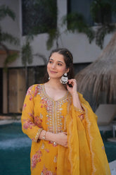 Mustard Kundan Organza Floral Suit