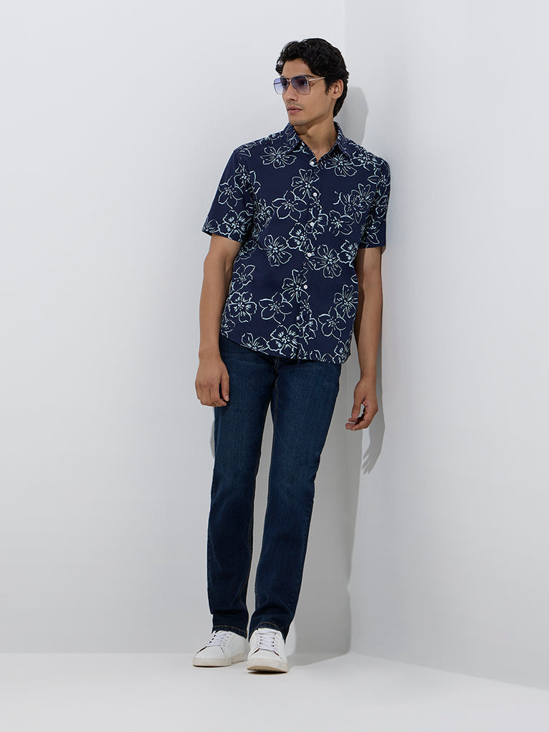 Navy Floral Cotton Shirt