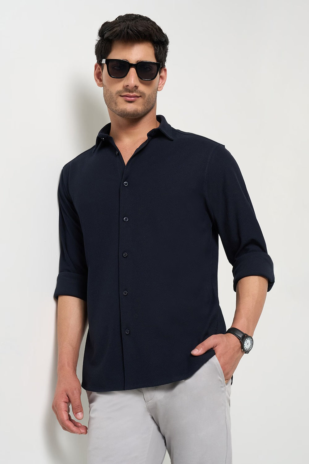 Navy Textured Full Sleeve Men’s Shirt