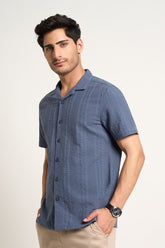 Navy Textured Athleisure Half Sleeves Shirt