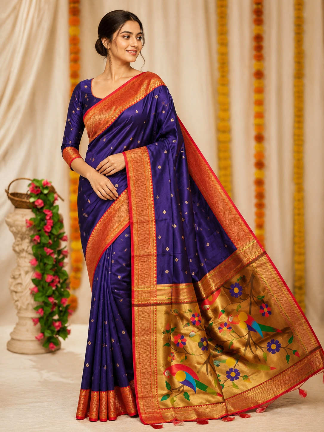 Surmayi Orange Soft Silk Paithani Saree with Lotus & Peacock Copper Zari Pallu