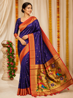Surmayi Orange Soft Silk Paithani Saree with Lotus & Peacock Copper Zari Pallu