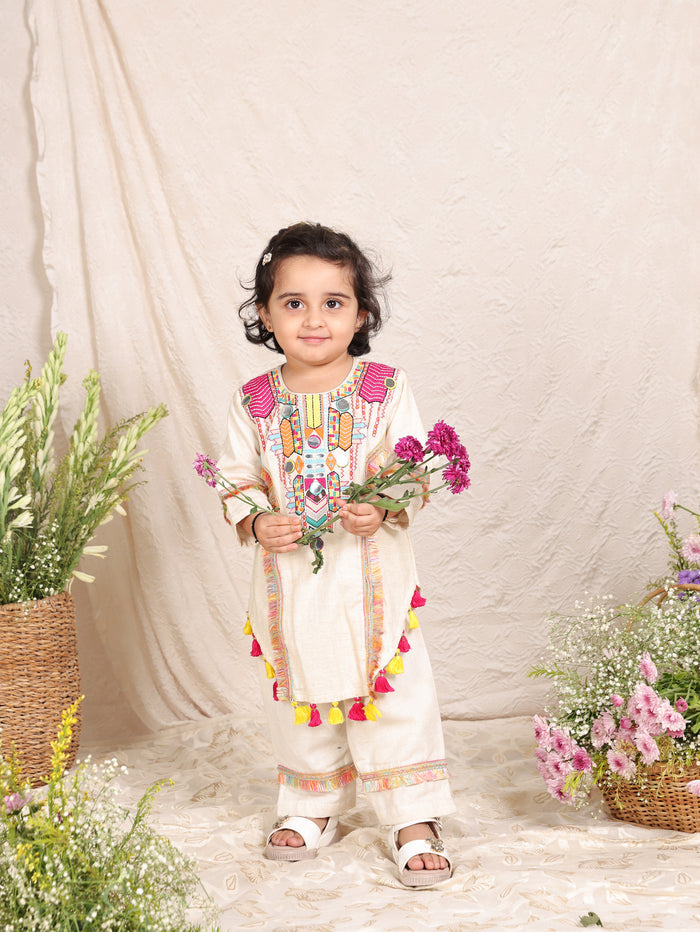 Off White Flax Kurta Set with Mirror Work for Girls